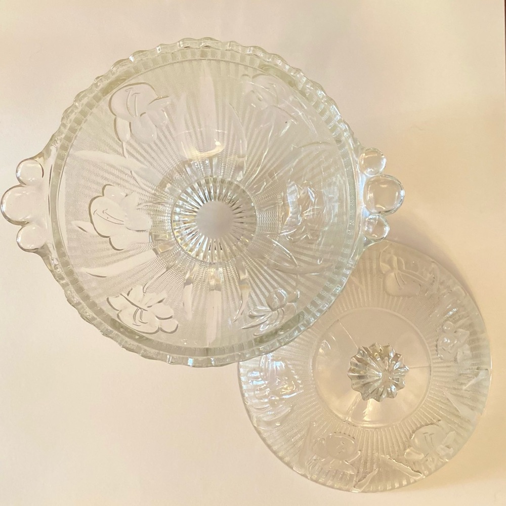 Iris & Herringbone Clear Footed Covered Candy Dish Depression Glass - Picture 6 of 16